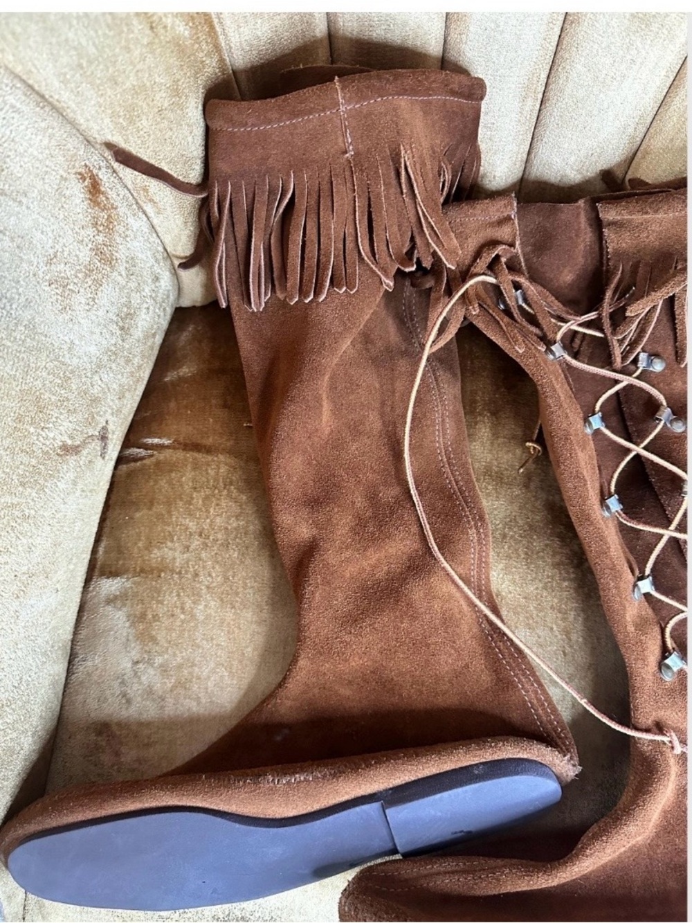 Vintage Minnetonka Women’s Tall Lace Up Moccasin Boots Size 12 Brown Suede Boho - Picture 2 of 11